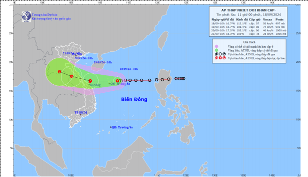 Sáng 19/9, vùng đất liền ven biển từ Hà Tĩnh đến Quảng Ngãi sẽ có gió mạnh cấp 8, giật cấp 10