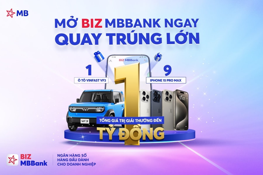 Mở tài khoản BIZ MBBank, rinh xe hơi Vinfast VF3 và iPhone 15 Pro Max